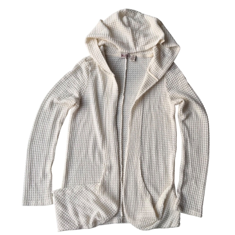 Mudd Waffle Knit Hooded Cardigan Cream Open Front Sweater Granola Girl Boho M